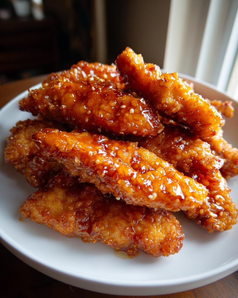 A close-up of a pile of Irresistible Hot Honey Chicken Tenders, coated in a glossy, amber sauce and sprinkled with sesame seeds.