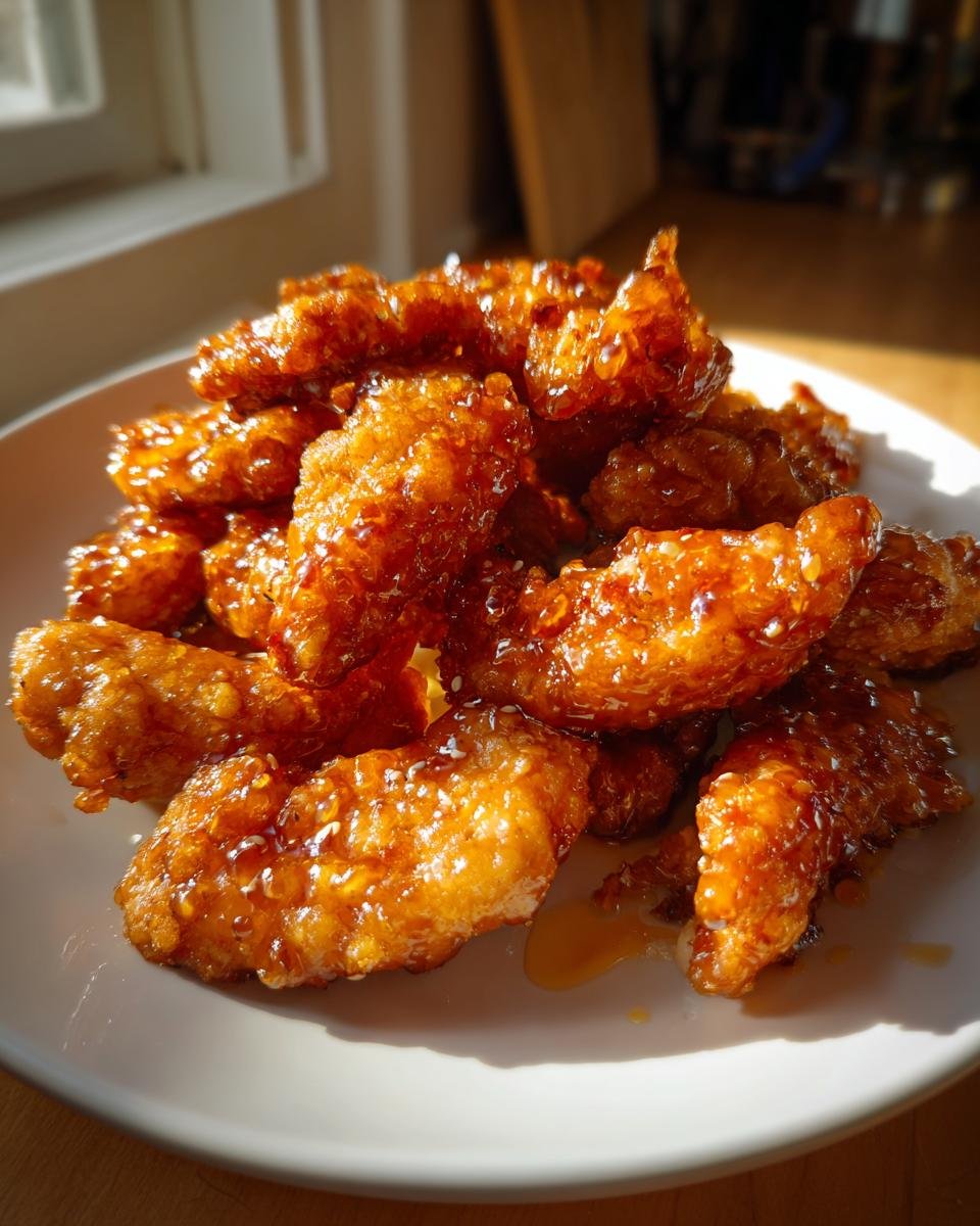 A pile of Irresistible Hot Honey Chicken Tenders coated in a glossy, amber sauce and sprinkled with sesame seeds.