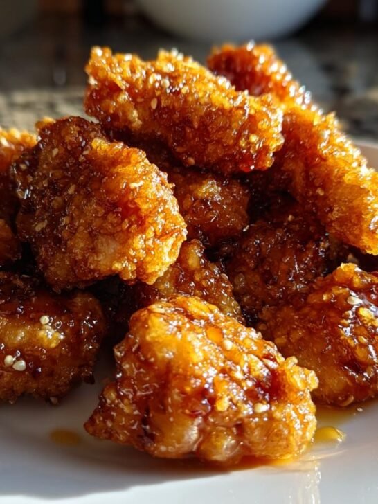 A close-up shot of a pile of Irresistible Hot Honey Chicken Tenders coated in a glistening sauce and sesame seeds.