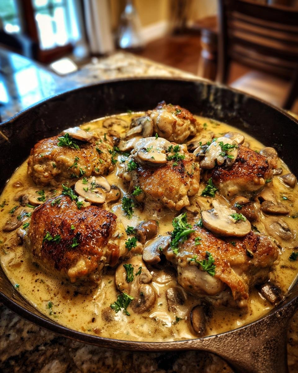 Irresistible Keto Chicken Thighs With Creamy Mushroom Sauce in a cast iron skillet, garnished with parsley.