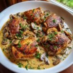 Four golden-brown keto chicken thighs served in a rich, creamy mushroom sauce and garnished with fresh parsley.