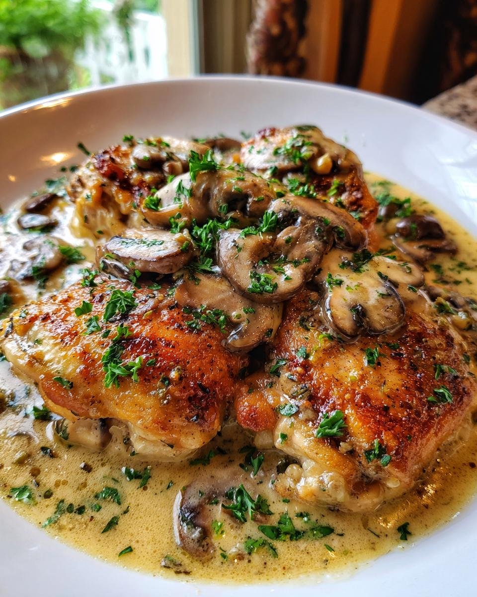 Close-up of Irresistible Keto Chicken Thighs With Creamy Mushroom Sauce, garnished with fresh parsley.