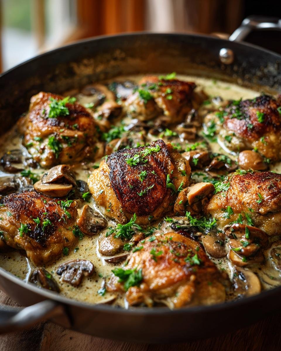 Close-up of Irresistible Keto Chicken Thighs With Creamy Mushroom Sauce, garnished with fresh parsley.