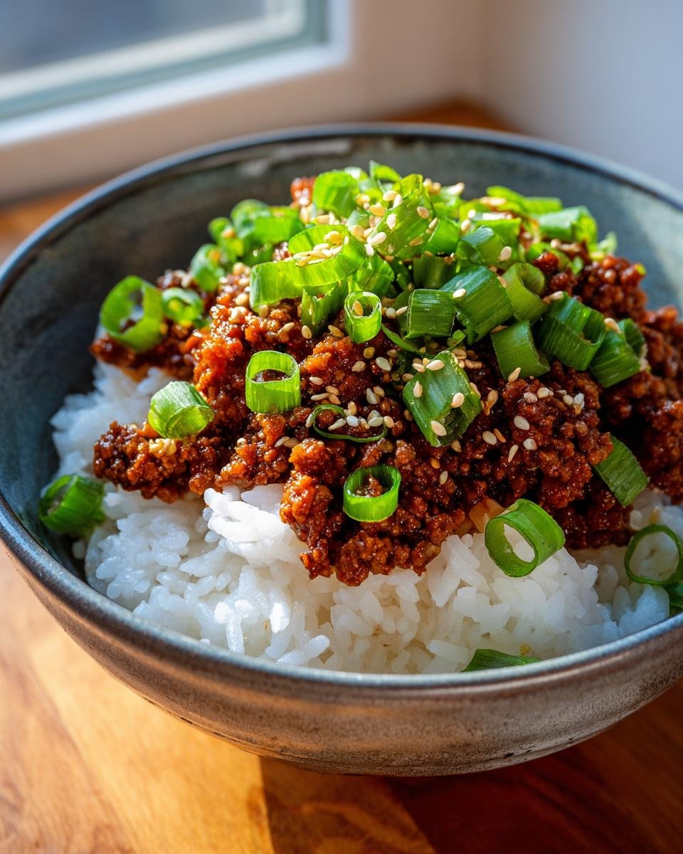 Close-up of an irresistible Korean ground beef bowl recipe, topped with green onions and sesame seeds.