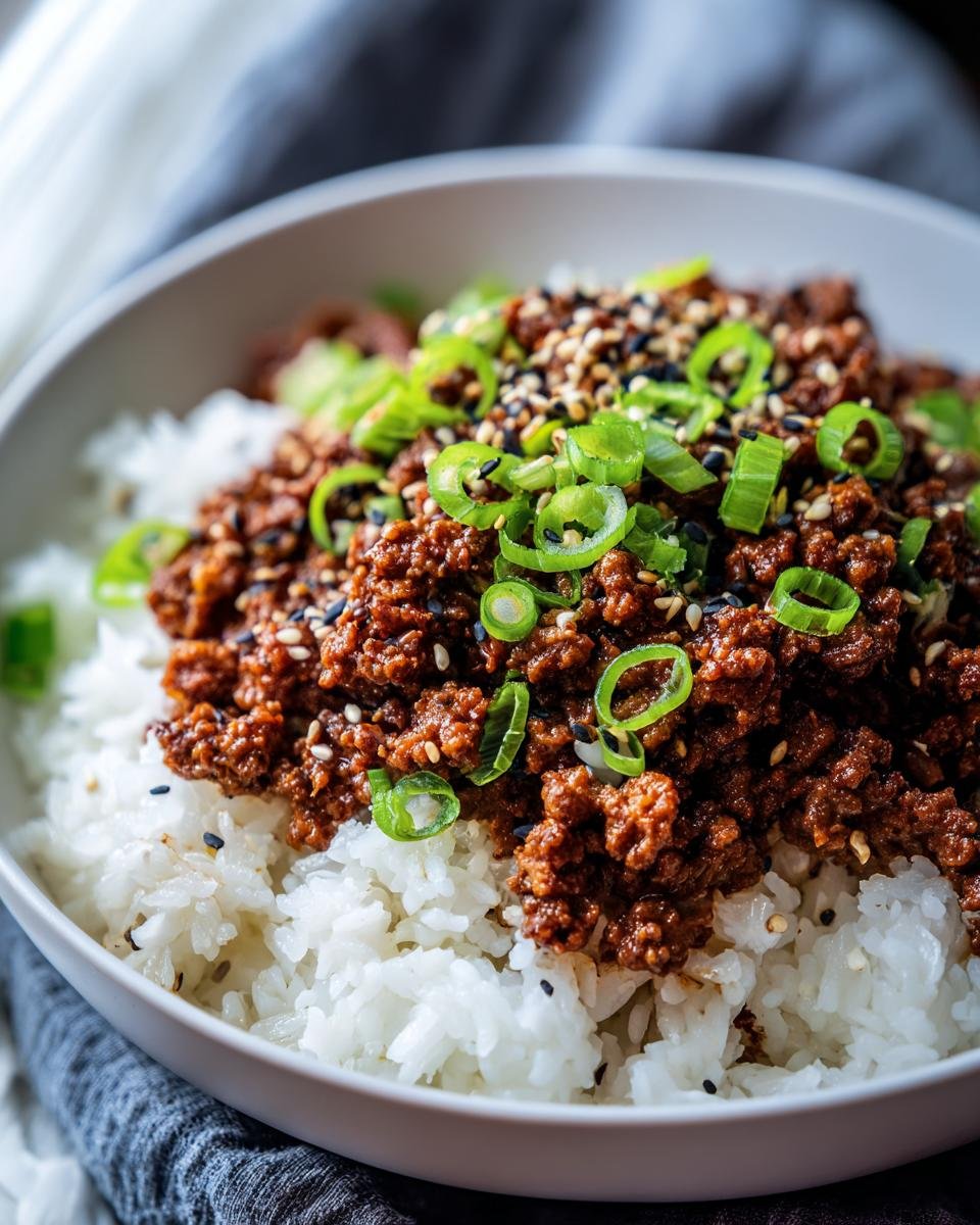 Close-up of an Irresistible Korean Ground Beef Bowl Recipe, featuring seasoned ground beef over fluffy white rice, topped with green onions and sesame seeds.