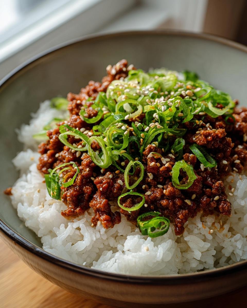 Close-up of an Irresistible Korean Ground Beef Bowl with fluffy white rice, savory ground beef, and fresh green onions and sesame seeds.