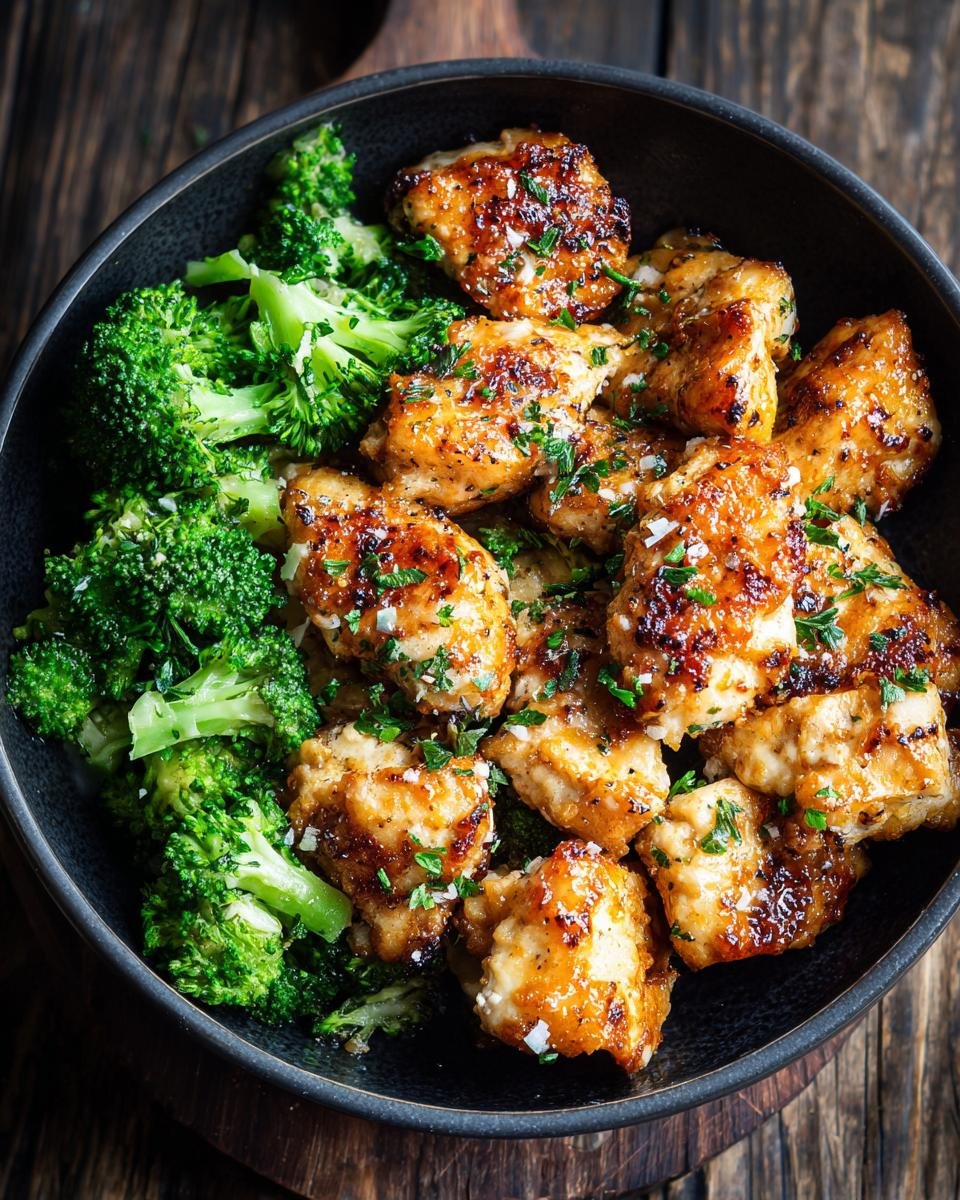 A bowl of irresistible low carb chicken pieces and steamed broccoli, garnished with parsley.