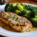 A close-up of an irresistible low carb chicken breast with creamy sauce and fresh herbs, served with steamed broccoli.