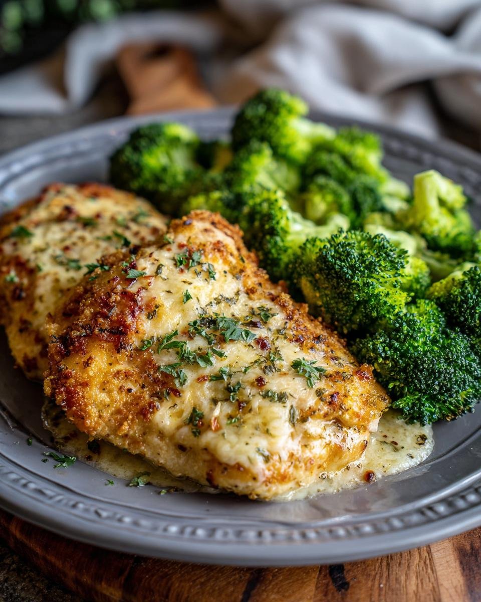 Two pieces of cheesy, breaded chicken breast served with steamed broccoli, a perfect low carb chicken recipe.