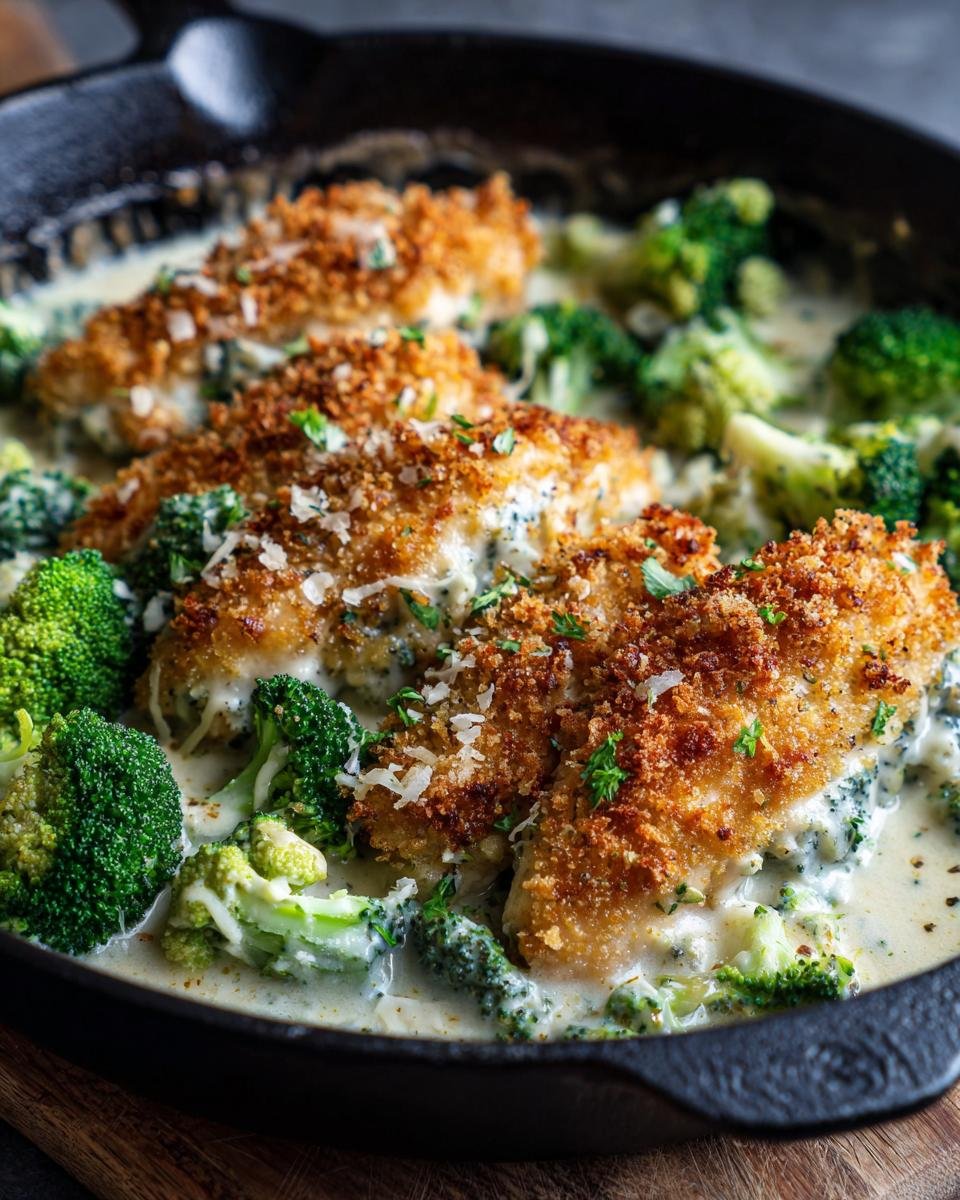 Close-up of irresistible low carb chicken breasts coated in breadcrumbs, served with broccoli in a creamy sauce in a cast-iron skillet.