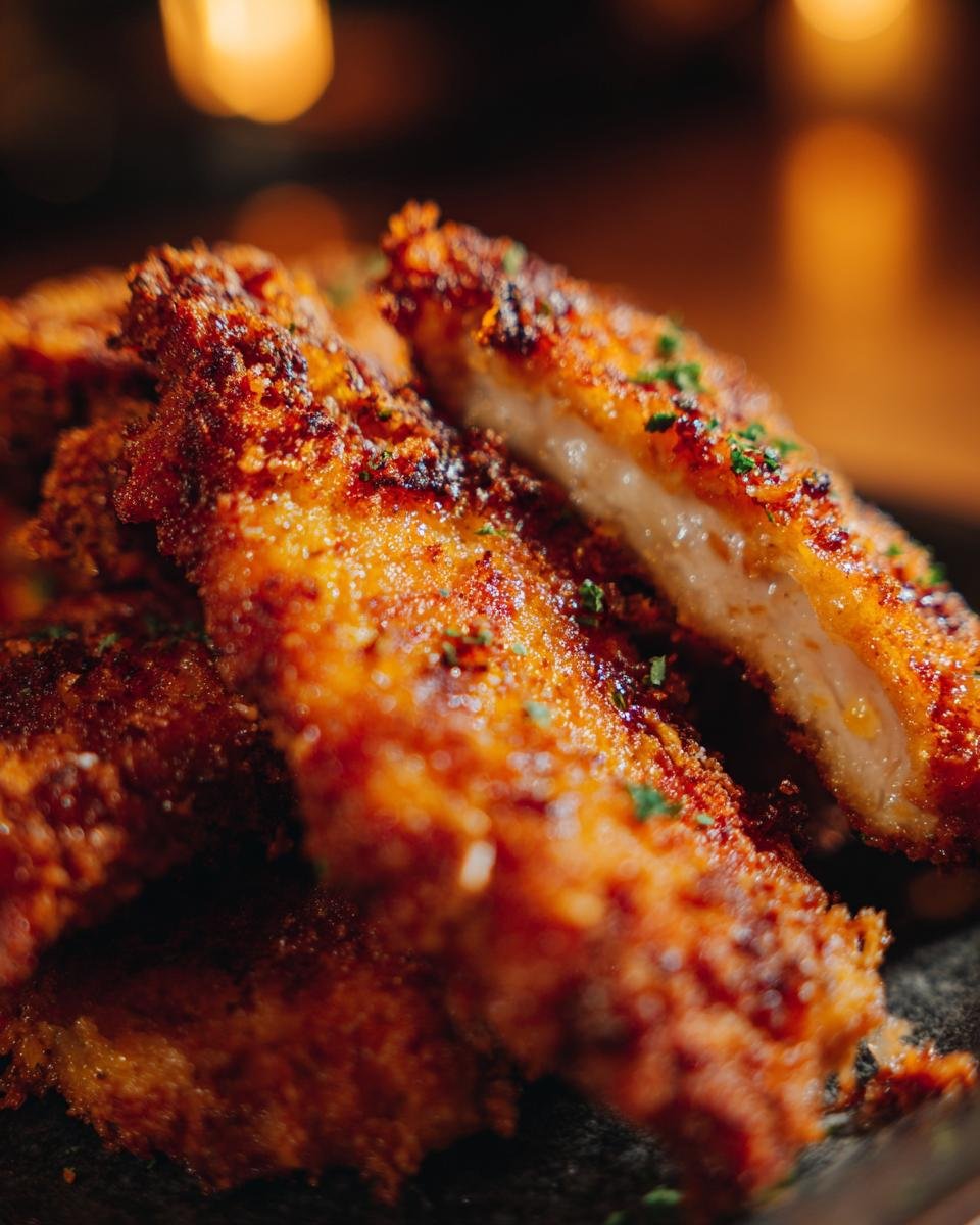 Close-up of crispy, golden-brown low carb chicken strips, one sliced to show juicy interior, garnished with herbs.
