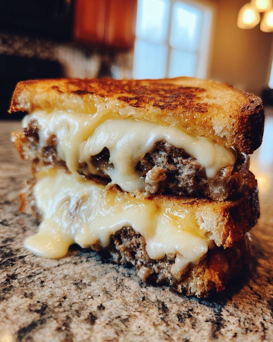 Close-up of an Irresistible Patty Melt Recipe sandwich with thick, gooey melted cheese and seasoned beef.