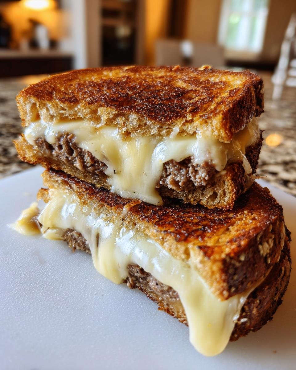 Close-up of a stacked Irresistible Patty Melt Recipe, showcasing melted cheese oozing from perfectly grilled bread.
