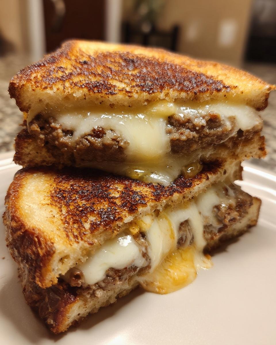 Close-up of an irresistible patty melt recipe, showing two halves stacked with melted cheese oozing out.