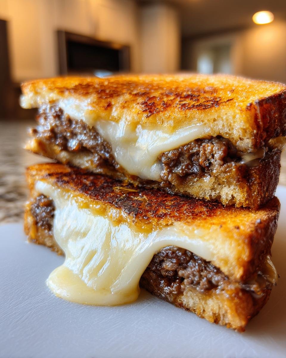 Close-up of a stacked Irresistible Patty Melt Recipe, with gooey melted cheese oozing out.