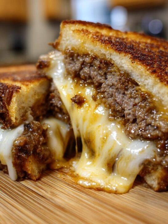Close-up of an Irresistible Patty Melt Recipe sandwich with gooey melted cheese oozing out.