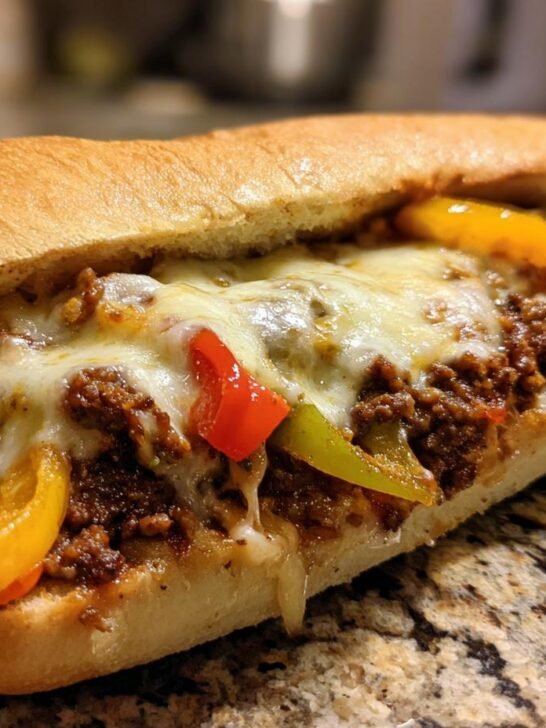 Close-up of an irresistible Philly cheese beef skillet sandwich on a bun, filled with seasoned ground beef, melted cheese, and colorful bell peppers.