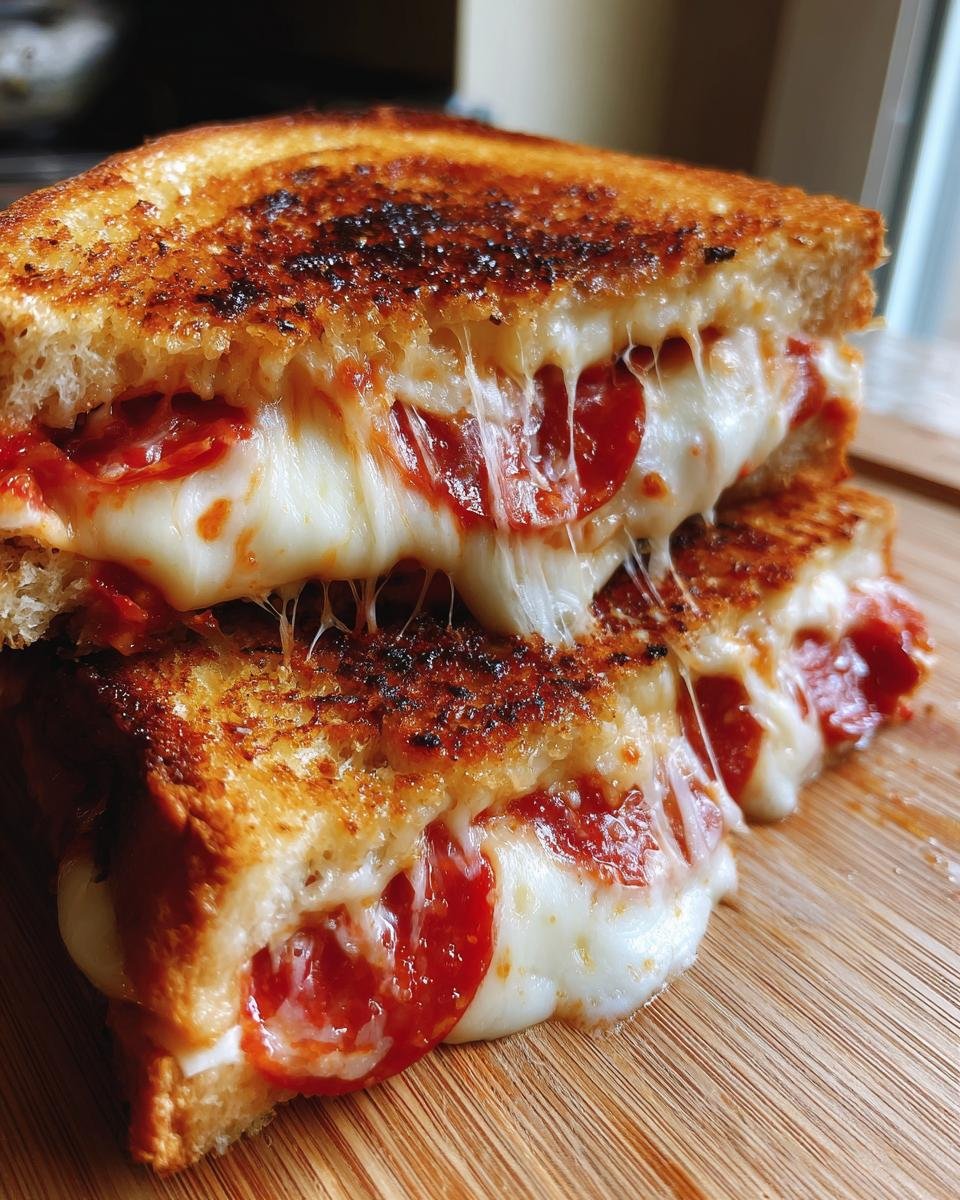 Close-up of an Irresistible Pizza Grilled Cheese sandwich with gooey melted cheese and pepperoni.