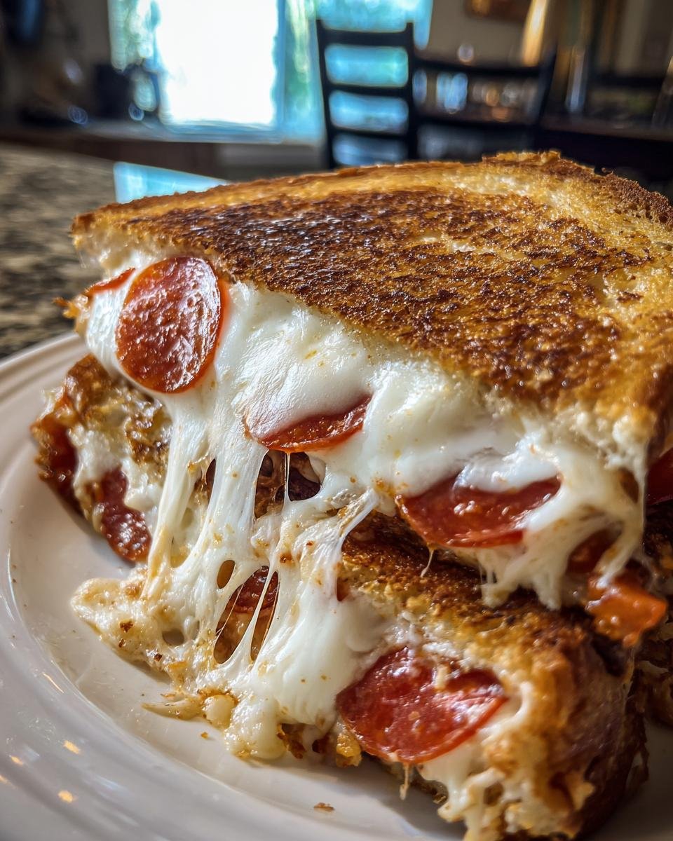 A close-up of an Irresistible Pizza Grilled Cheese sandwich with gooey, melted cheese dripping down.
