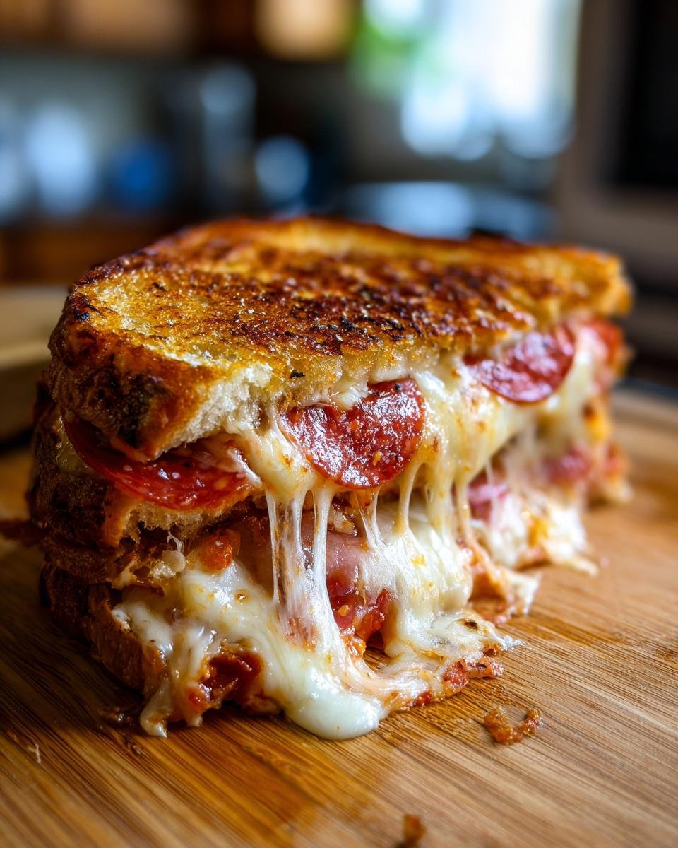 A close-up of an Irresistible Pizza Grilled Cheese sandwich overflowing with melted mozzarella cheese and pepperoni.