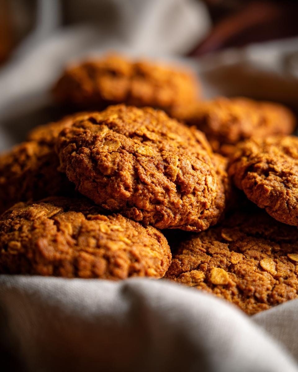 A close-up of a stack of Irresistible Pumpkin Spice Oatmeal Cookies, showing their textured surface with visible oats.