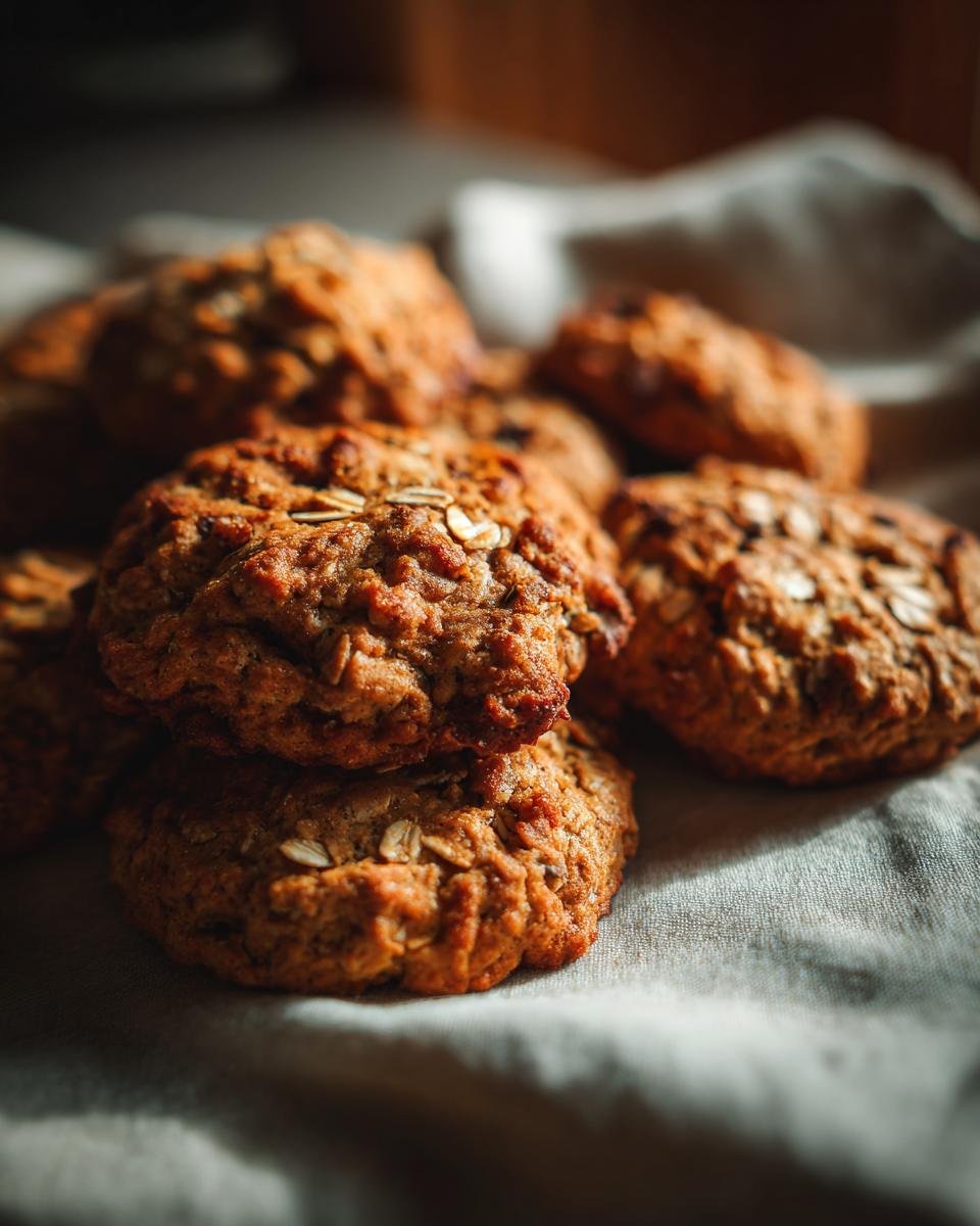 A close-up of a stack of Irresistible Pumpkin Spice Oatmeal Cookies, topped with oats.