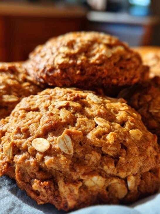 Close-up of Irresistible Pumpkin Spice Oatmeal Cookies topped with oats, on a grey cloth.