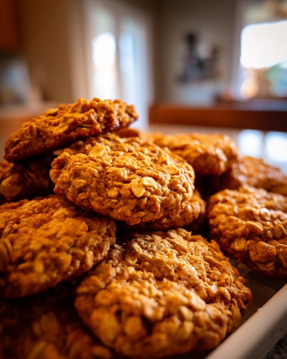 A close-up stack of Irresistible Pumpkin Spice Oatmeal Cookies, showing their textured surface with oats and warm spice tones.