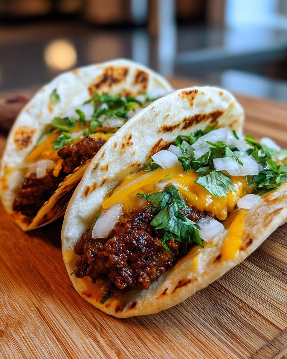 Two Irresistible Smash Burger Tacos filled with seasoned beef, melted cheese, diced onions, and fresh cilantro on a wooden board.