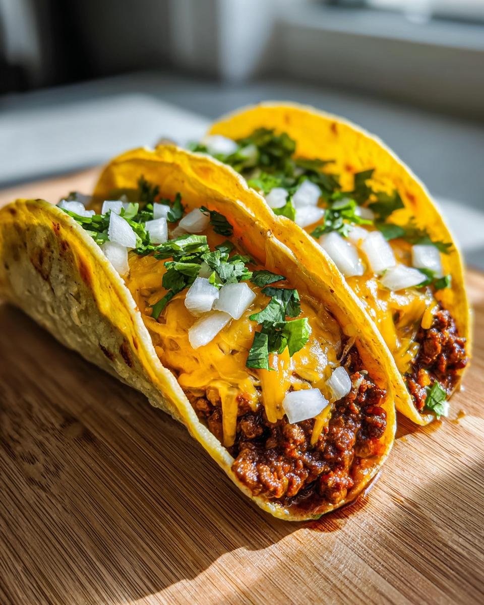 Two irresistible smash burger tacos filled with seasoned ground beef, melted cheddar cheese, diced onions, and fresh cilantro.