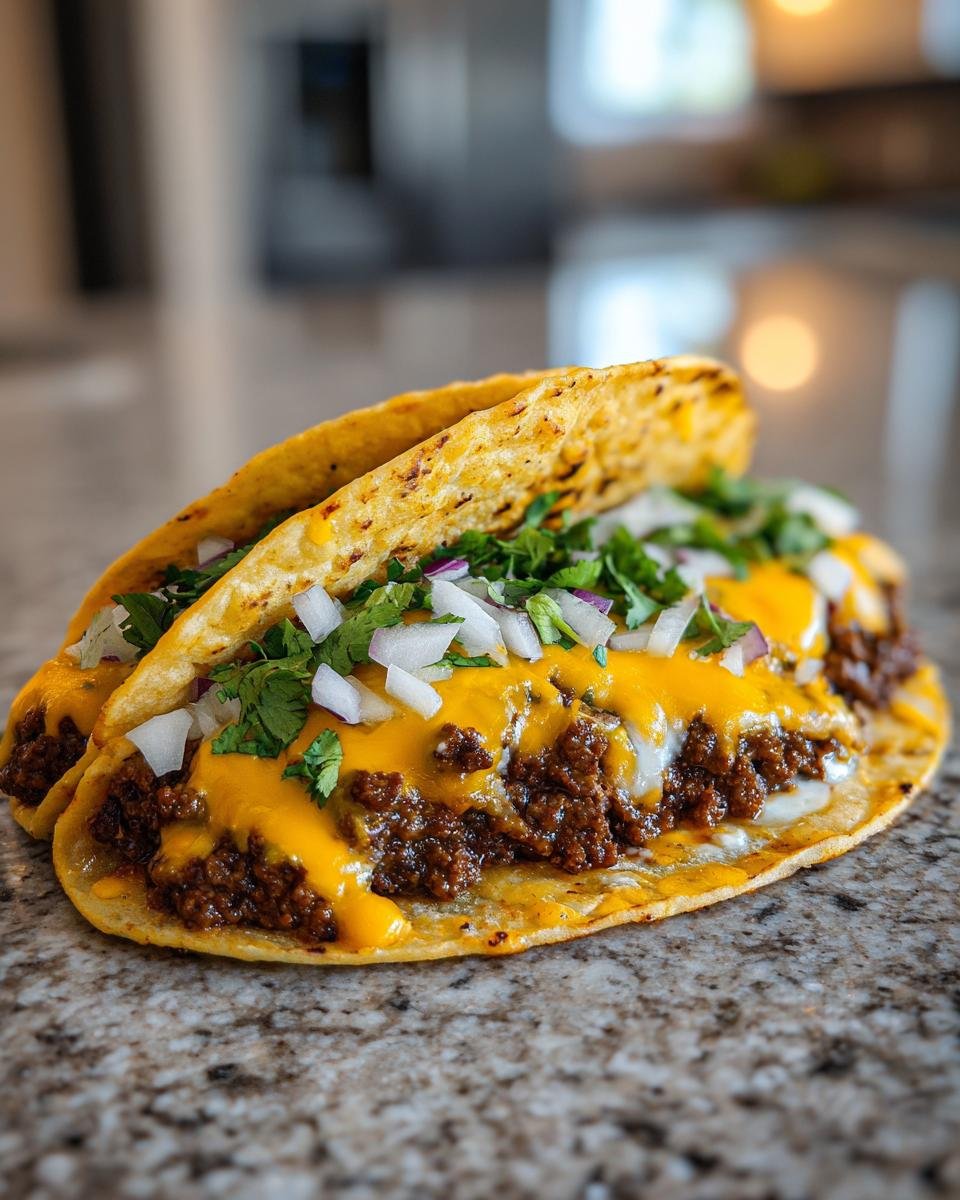 Close-up of two Irresistible Smash Burger Tacos, generously filled with seasoned ground beef, melted cheddar cheese, diced onions, and cilantro.