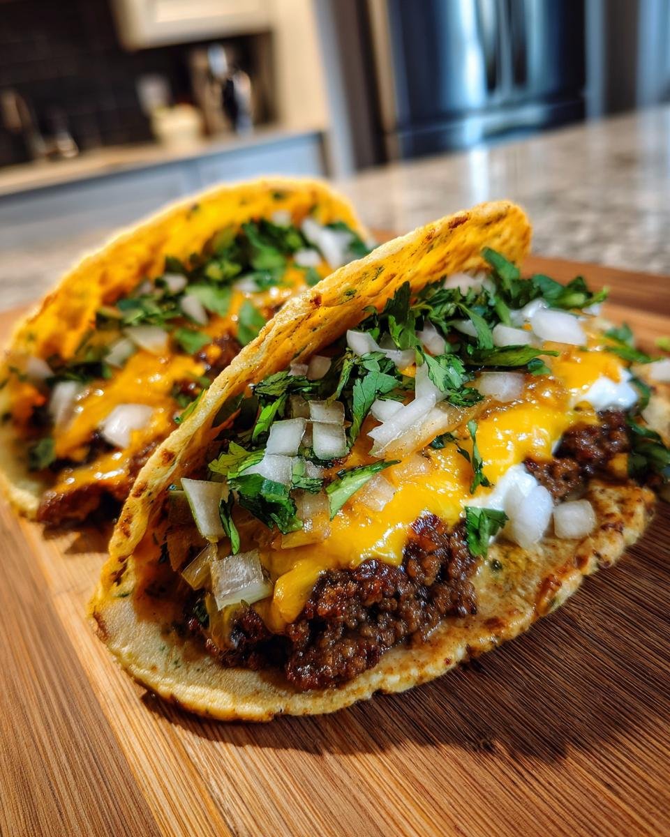Two Irresistible Smash Burger Tacos filled with seasoned ground beef, melted cheese, diced onions, and fresh cilantro.