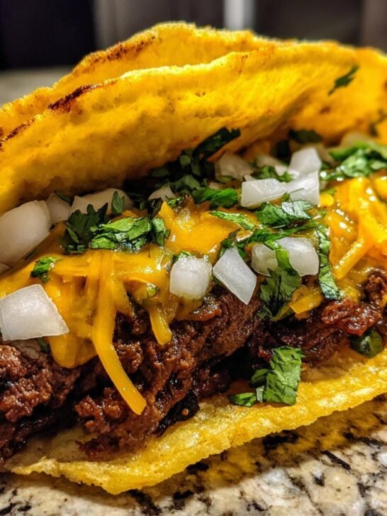 A close-up of an Irresistible Smash Burger Taco loaded with seasoned beef, melted cheese, diced onions, and fresh cilantro.