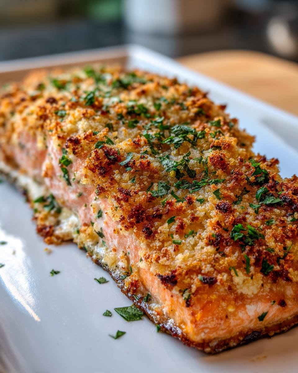 A close-up of a perfectly baked Irresistible Stuffed Salmon, coated in golden breadcrumbs and fresh parsley.