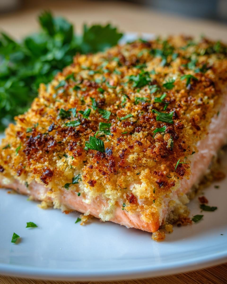 Close-up of an irresistible stuffed salmon fillet with a golden-brown breadcrumb crust, garnished with fresh parsley.
