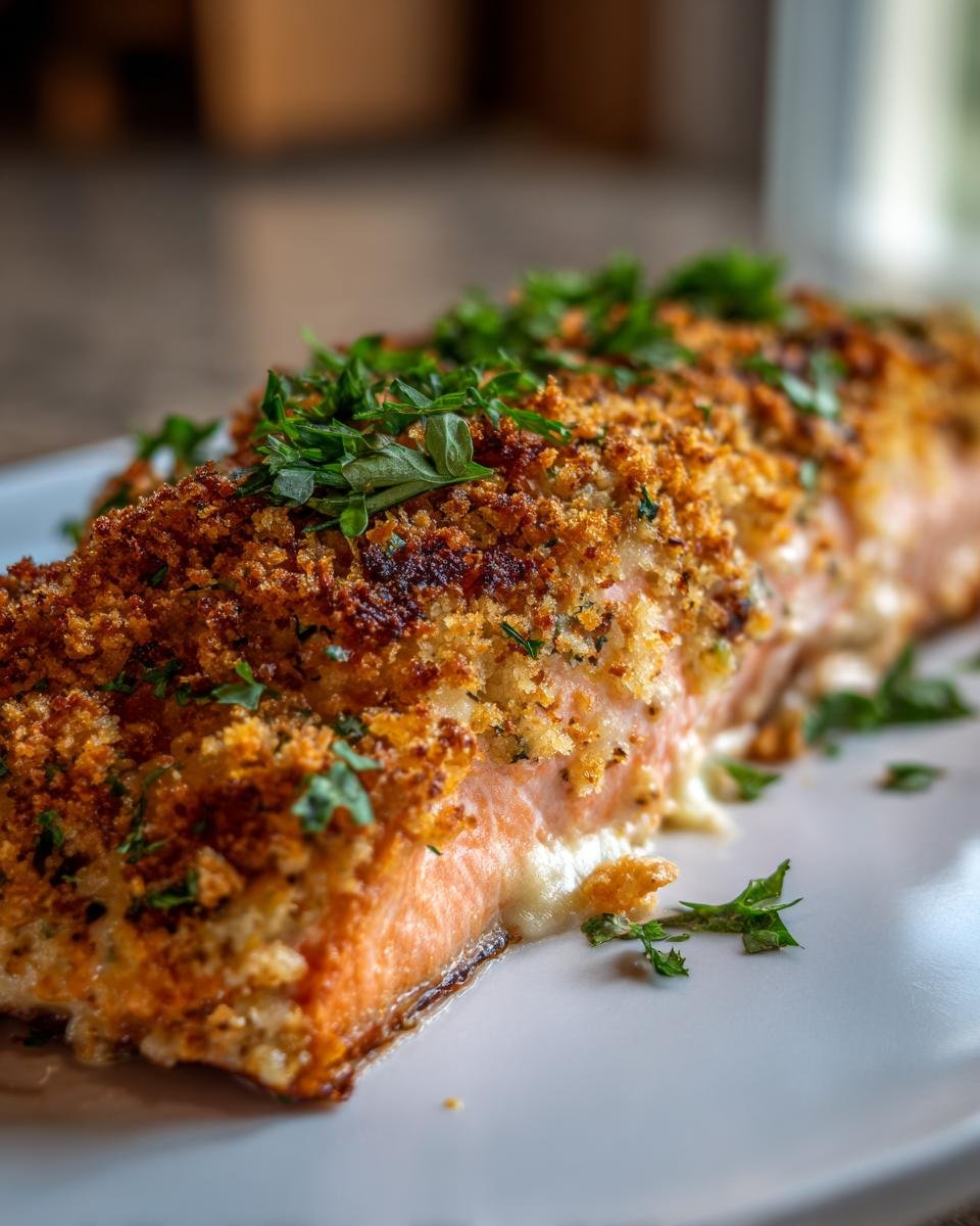 Close-up of Irresistible Stuffed Salmon with a golden breadcrumb crust and fresh parsley garnish.