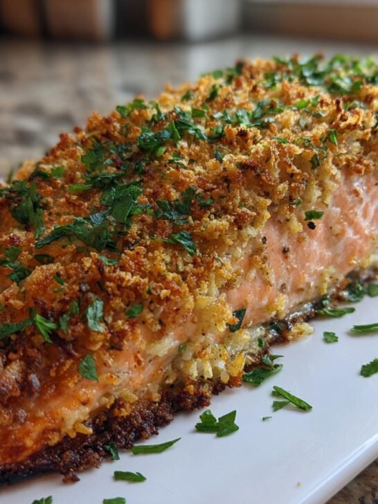 Close-up of a perfectly baked irresistible stuffed salmon fillet, topped with golden breadcrumbs and fresh parsley.