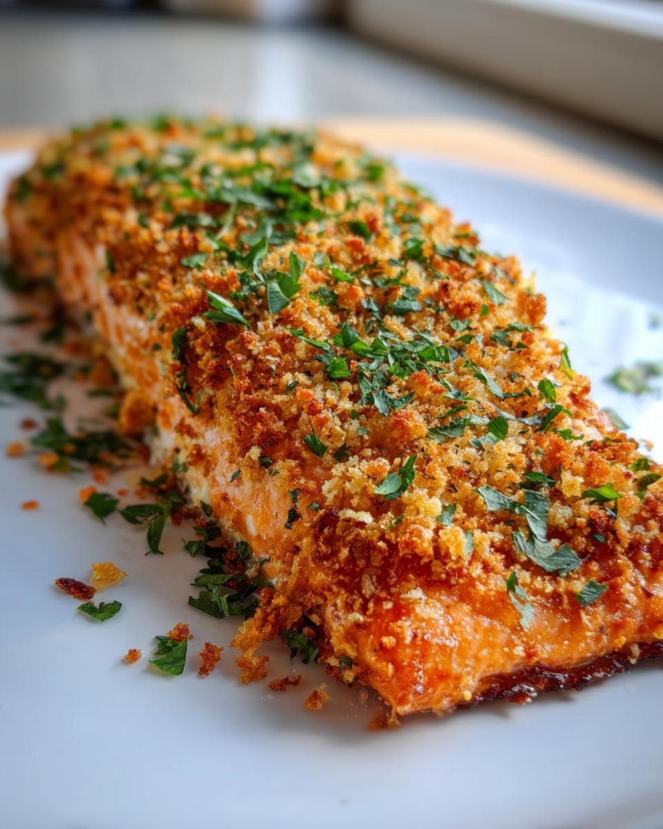 Close-up of an Irresistible Stuffed Salmon recipe, coated in golden breadcrumbs and fresh parsley.