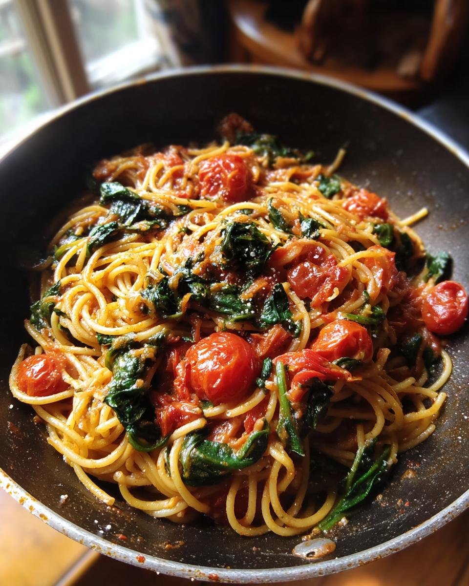 Close-up of Irresistible Tomato Spinach One Pot Pasta in a pan, featuring spaghetti, cherry tomatoes, and wilted spinach.