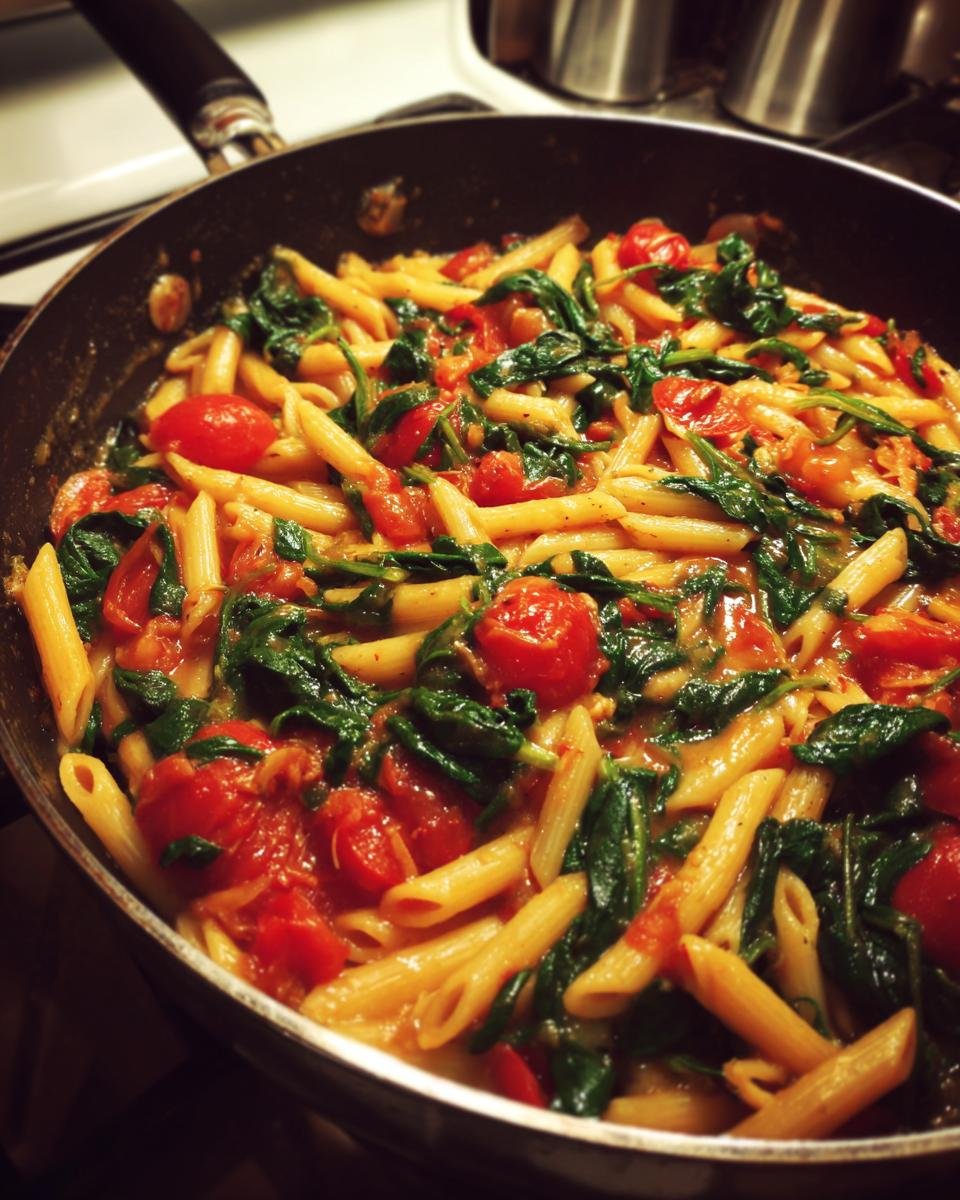 Close-up of Irresistible Tomato Spinach One Pot Pasta in a pan with penne pasta, cherry tomatoes, and spinach.