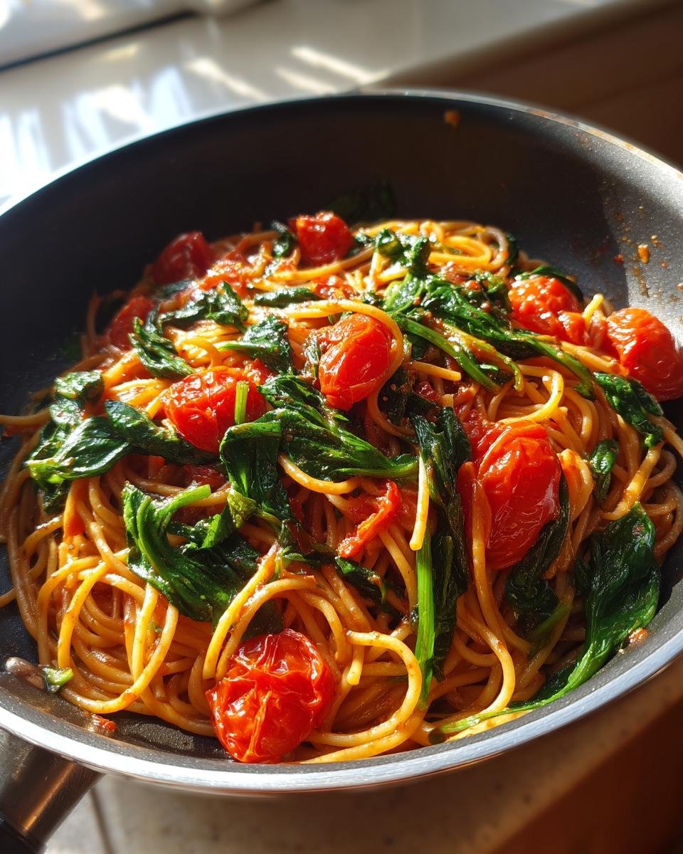 Close-up of Irresistible Tomato Spinach One Pot Pasta in a pan, with whole cherry tomatoes and wilted spinach.