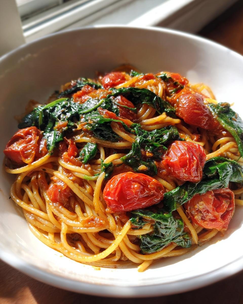 A close-up of Irresistible Tomato Spinach One Pot Pasta in a white bowl, featuring spaghetti, cherry tomatoes, and wilted spinach.