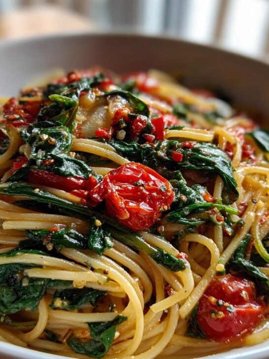 A close-up of Irresistible Tomato Spinach One Pot Pasta in a white bowl, featuring spaghetti, cherry tomatoes, and wilted spinach.