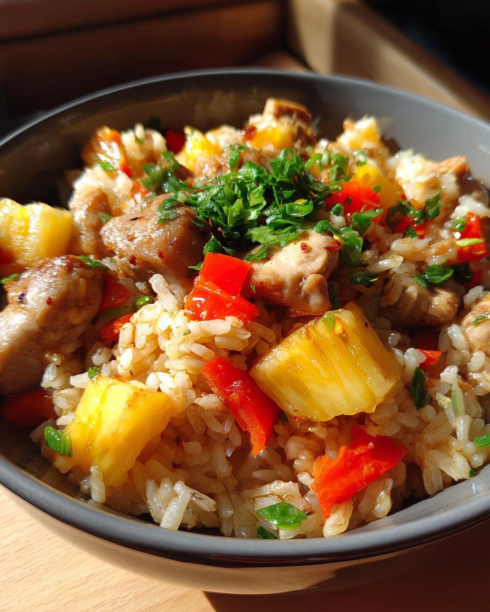 A close-up of Irresistible Tropical Pineapple Chicken Rice Delight in a bowl, featuring fluffy rice, tender chicken, pineapple chunks, and red bell peppers, topped with fresh herbs.
