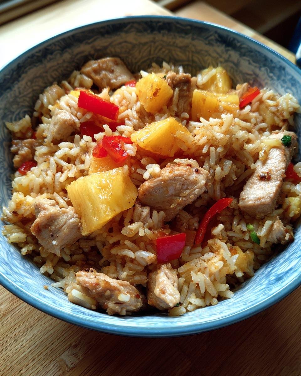 A bowl of Irresistible Tropical Pineapple Chicken Rice Delight with chunks of pineapple, chicken, and red peppers.