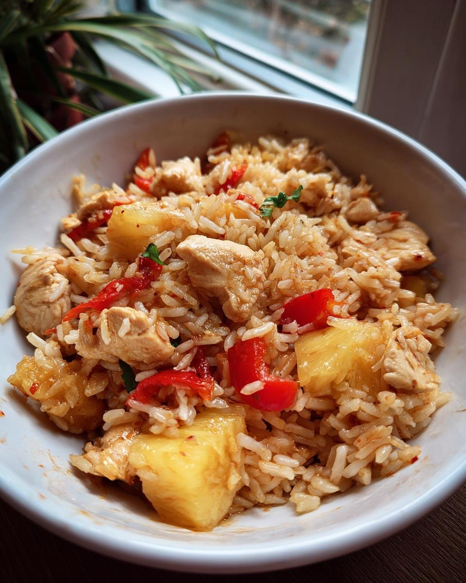 Close-up of Irresistible Tropical Pineapple Chicken Rice Delight in a white bowl, featuring chicken, pineapple chunks, and red peppers.