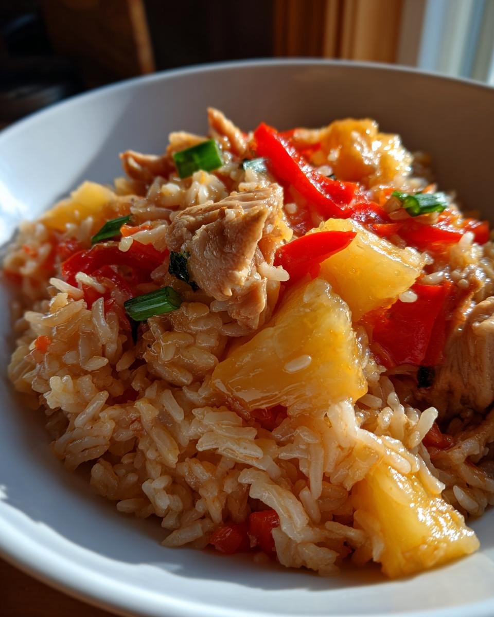 Close-up of Irresistible Tropical Pineapple Chicken Rice Delight in a white bowl, featuring rice, chicken, pineapple chunks, and red bell peppers.