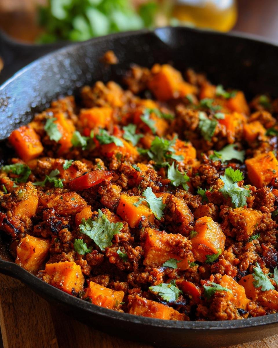 Close-up of an Irresistible Turkey Sweet Potato Skillet, featuring ground turkey and cubed sweet potatoes topped with fresh cilantro.