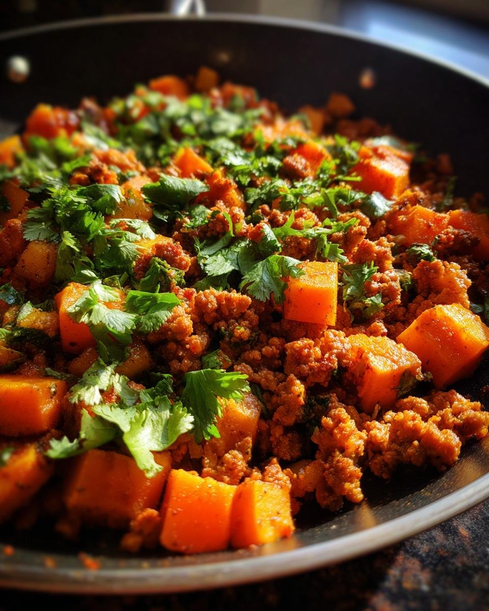 Close-up of an Irresistible Turkey Sweet Potato Skillet, featuring ground turkey and cubed sweet potatoes topped with fresh cilantro.