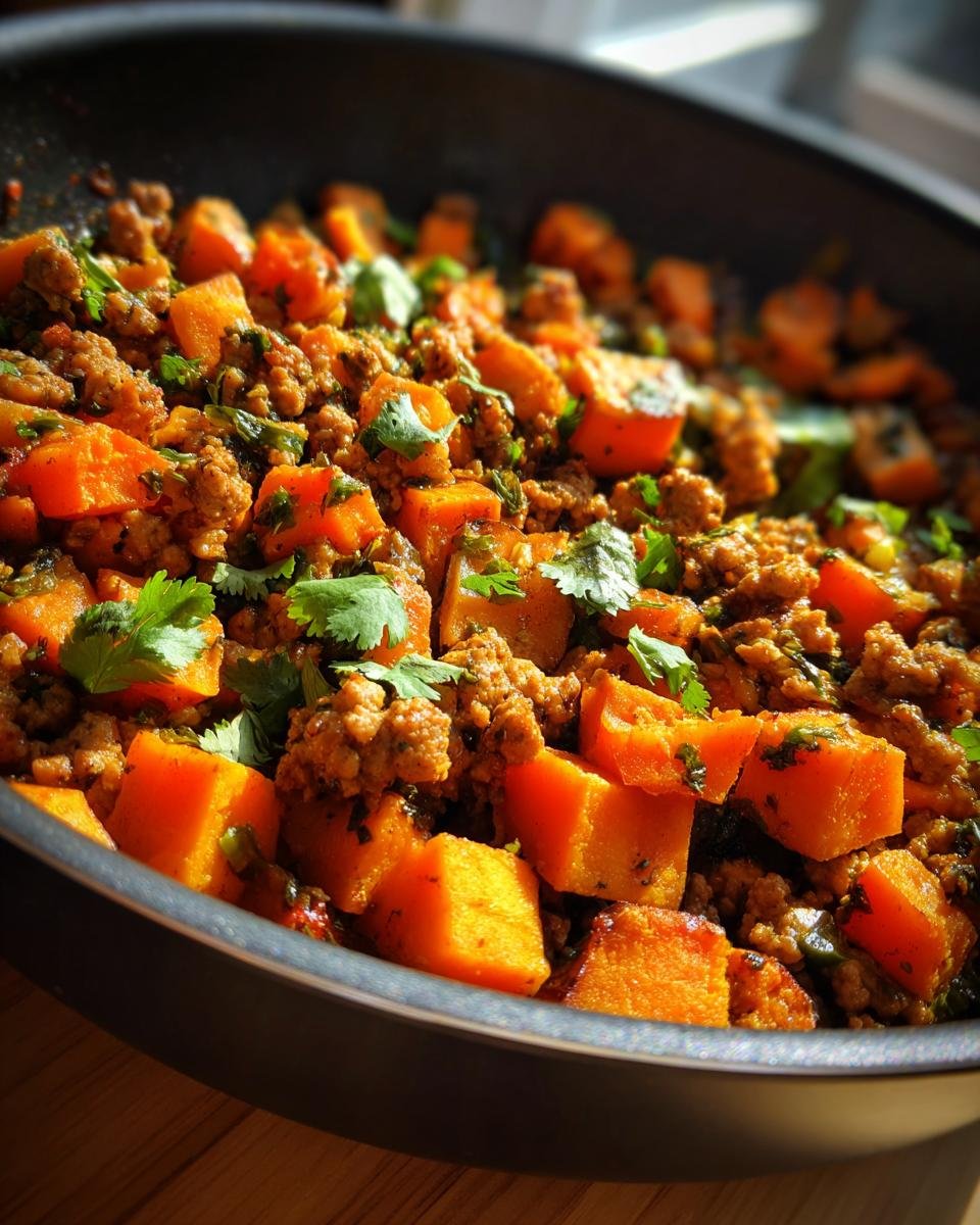 Close-up of an Irresistible Turkey Sweet Potato Skillet, featuring cubed sweet potatoes and ground turkey with fresh cilantro.